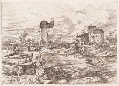 Titian etching from 1682 Landscape with the Rape of Europa 